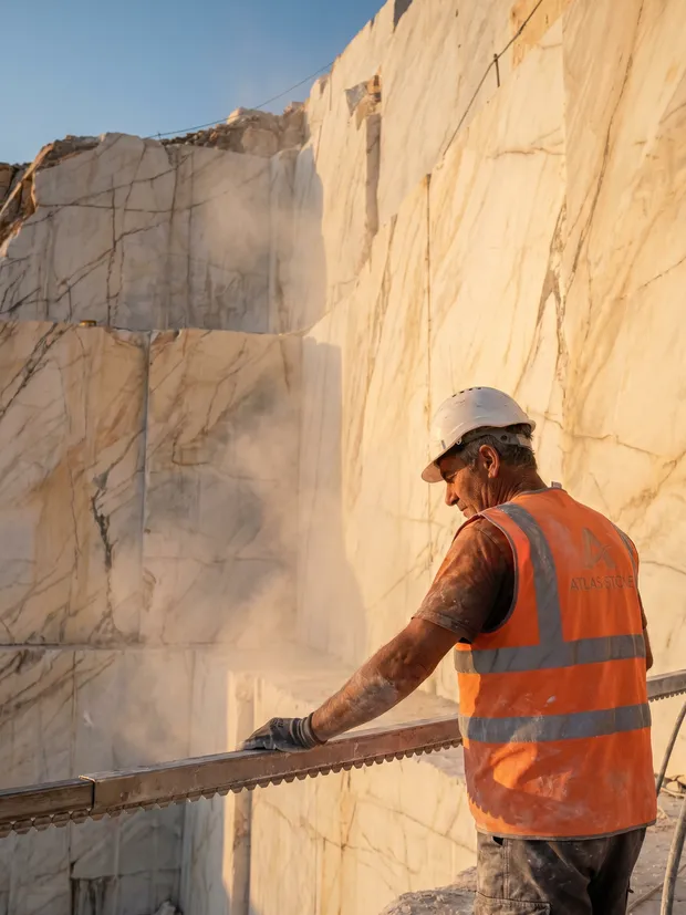 Worker at a marble quarry bench at golden hour