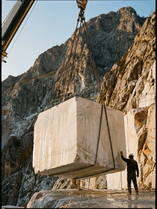 Monolithic marble block being lifted from the quarry face