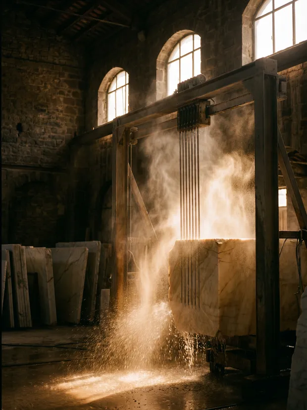 Gantry saw cutting a marble block into slabs amid water mist