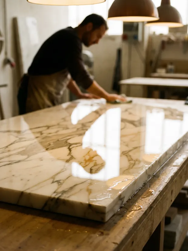 Craftsman reflected in a freshly polished marble slab
