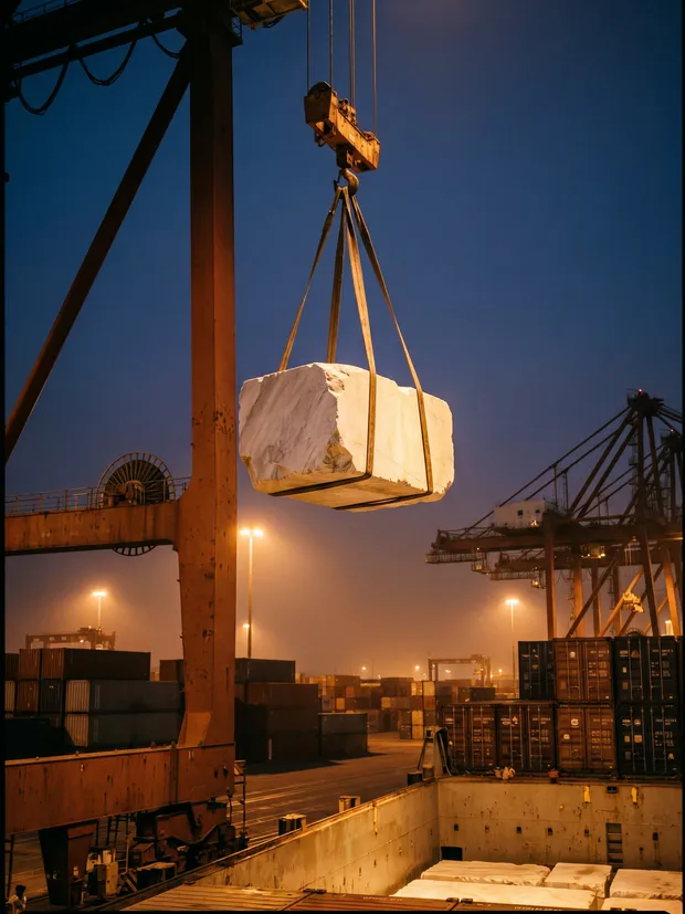 Crane lifting a strapped marble block over a container ship at dusk