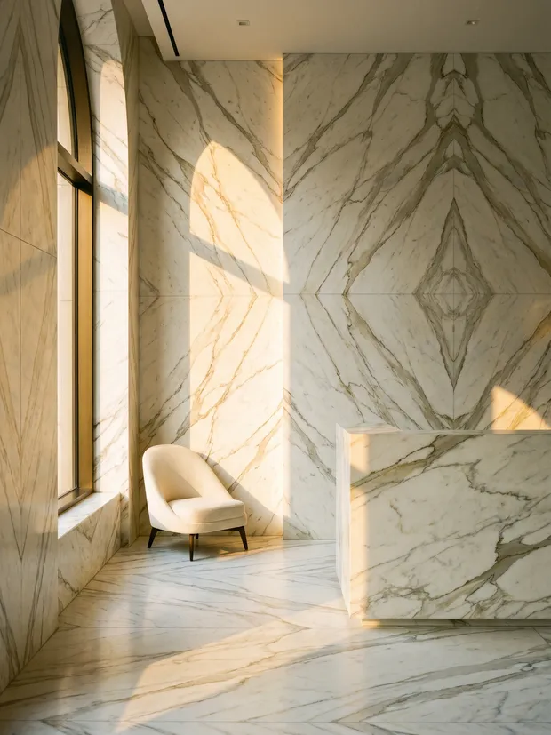 Luxury lobby clad in book-matched marble