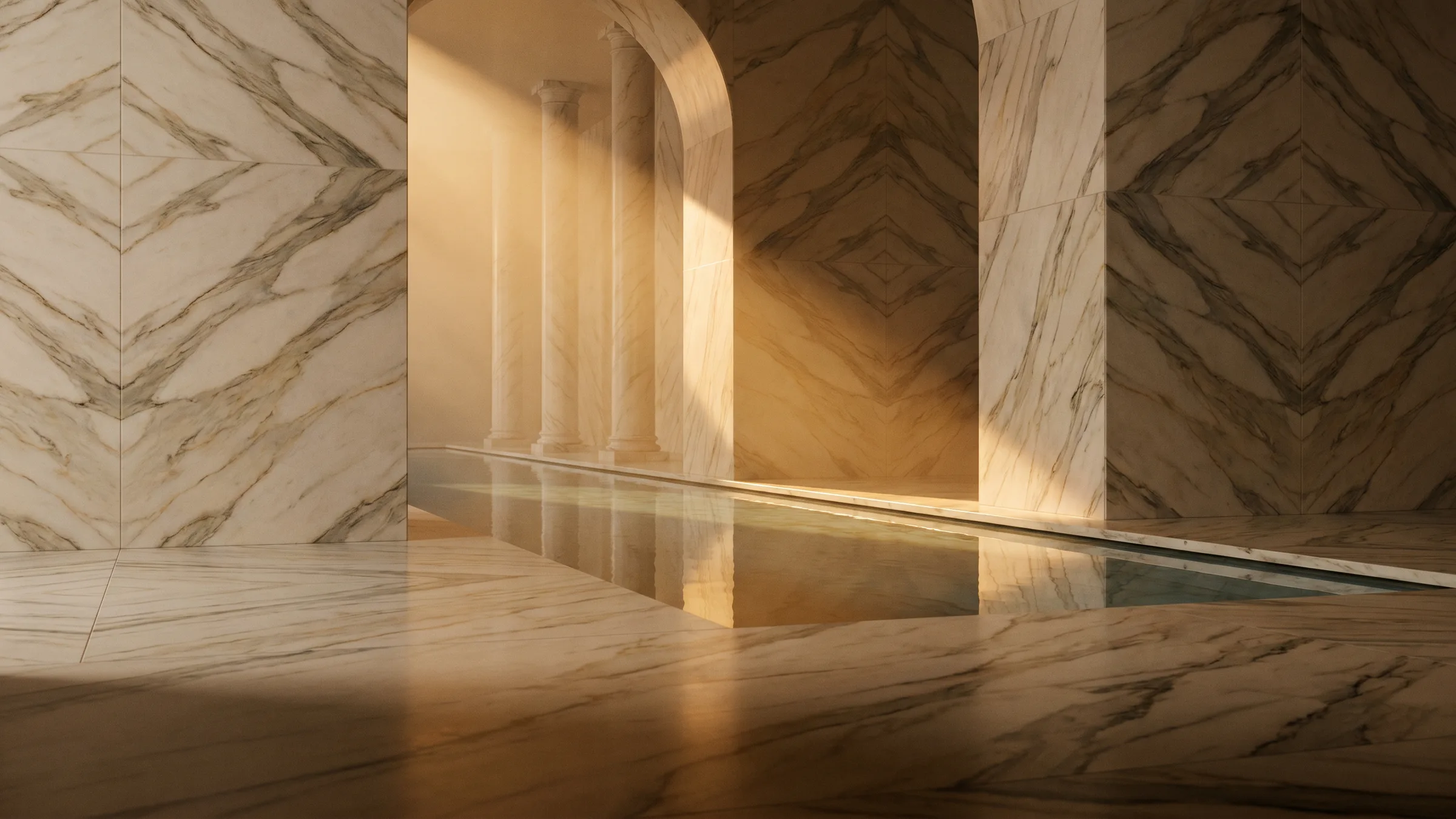 Morning light across a book-matched marble spa with a still reflecting pool